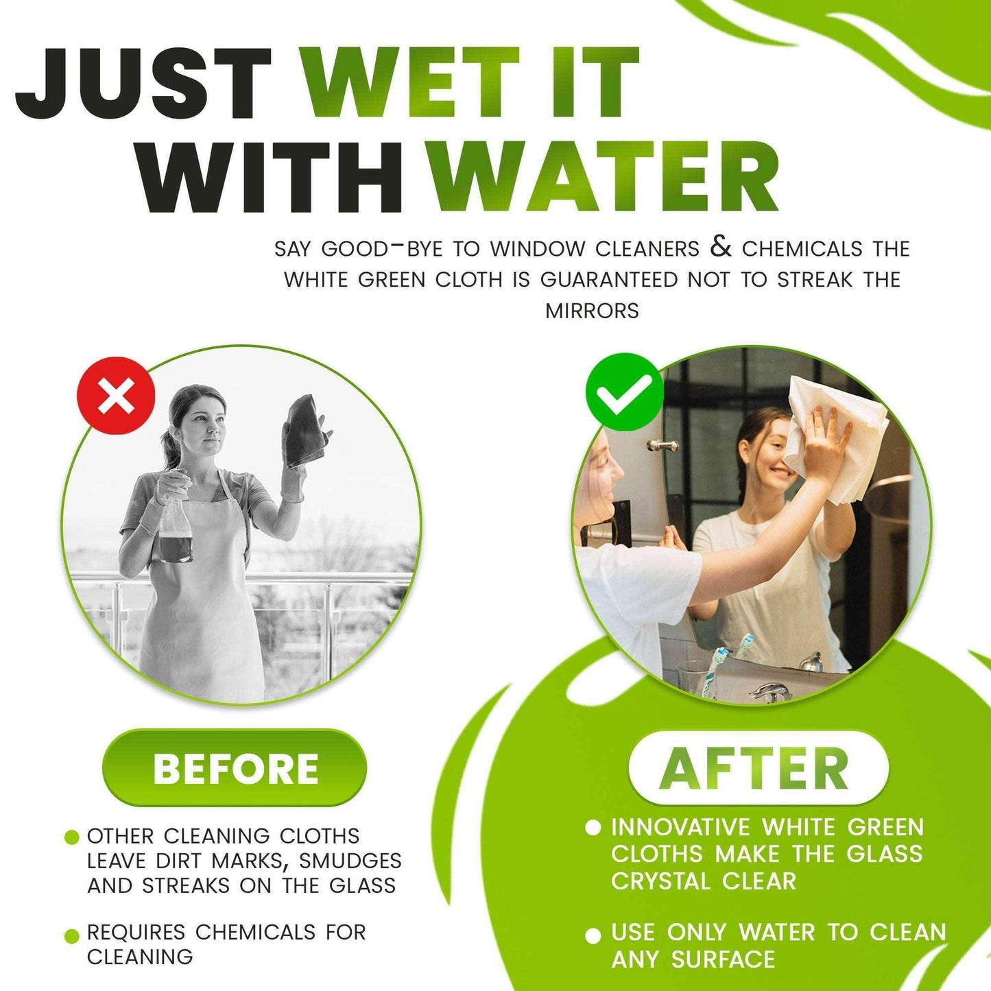 Before and after using streak-free white cleaning cloths, highlighting the eco-friendly, chemical-free feature.