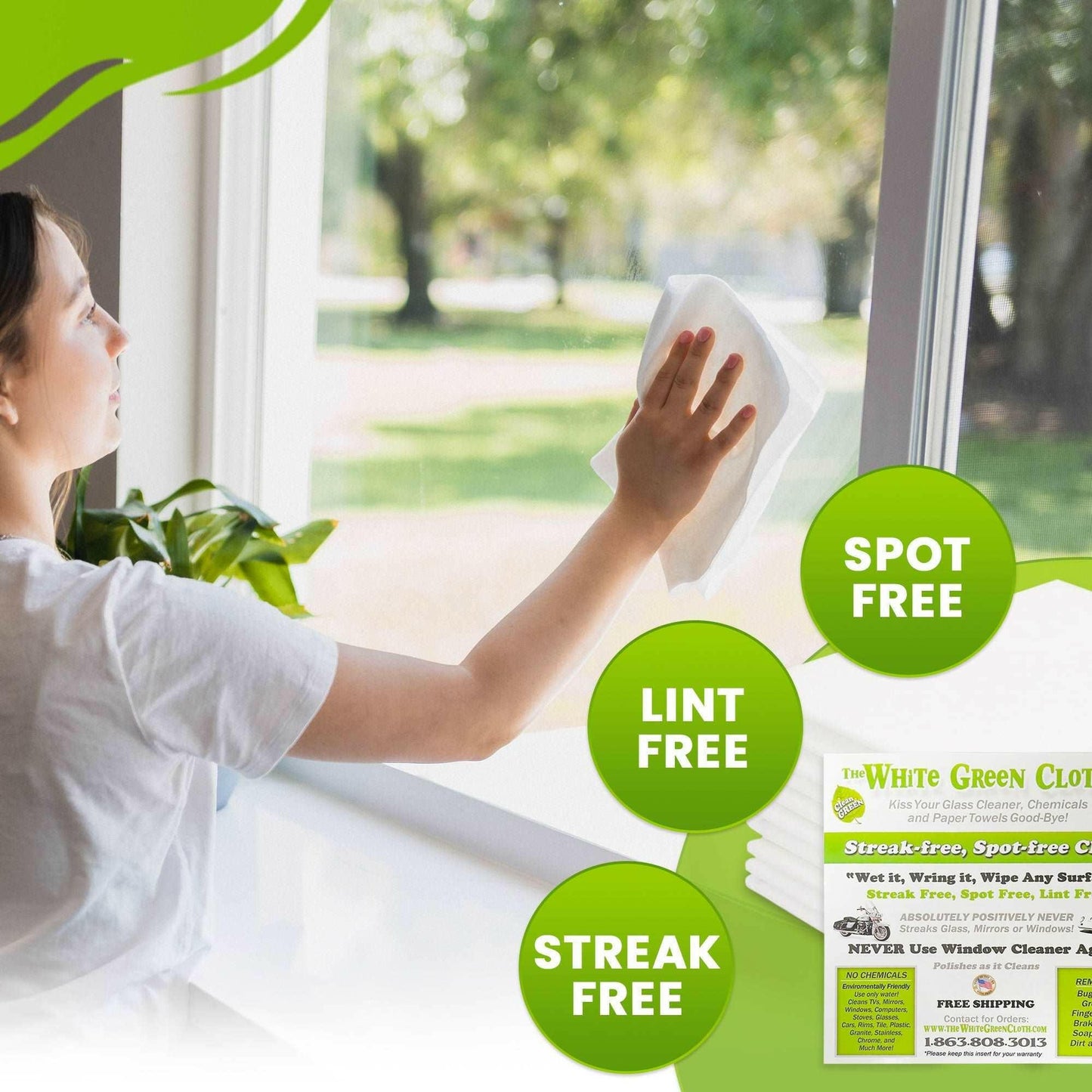 Woman using eco-friendly streak-free cleaning cloth on window to achieve spot-free shine.