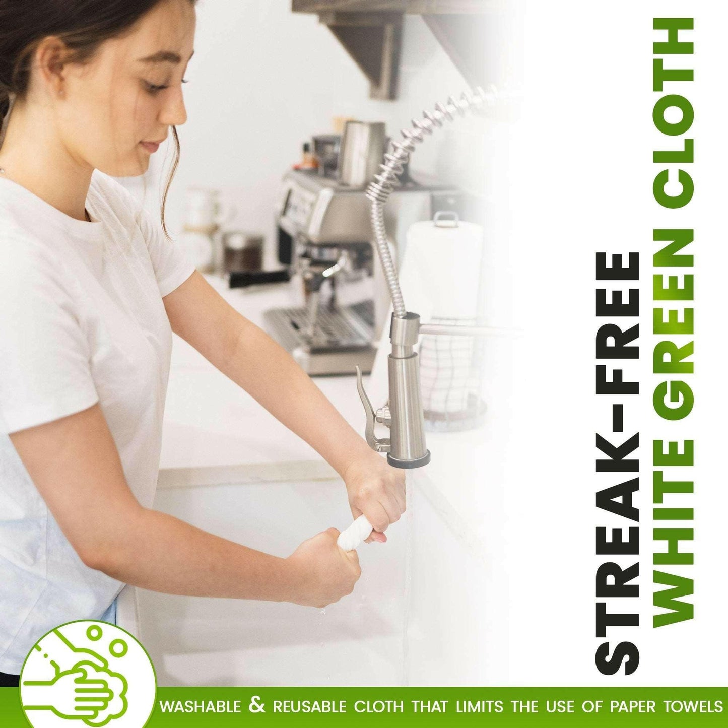 Woman cleaning kitchen sink with an eco-friendly streak-free white green cloth, promoting reusable and bulk cleaning solutions.