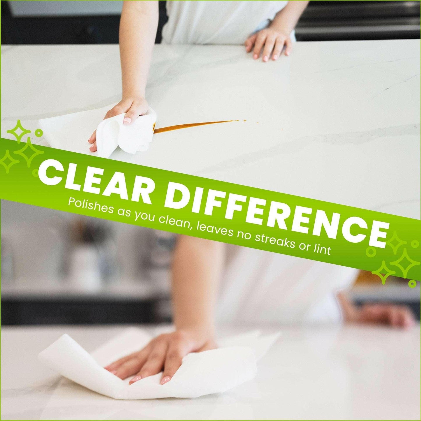 Streak free cleaning cloths in action on a countertop, showcasing their lint-free and polishing features.