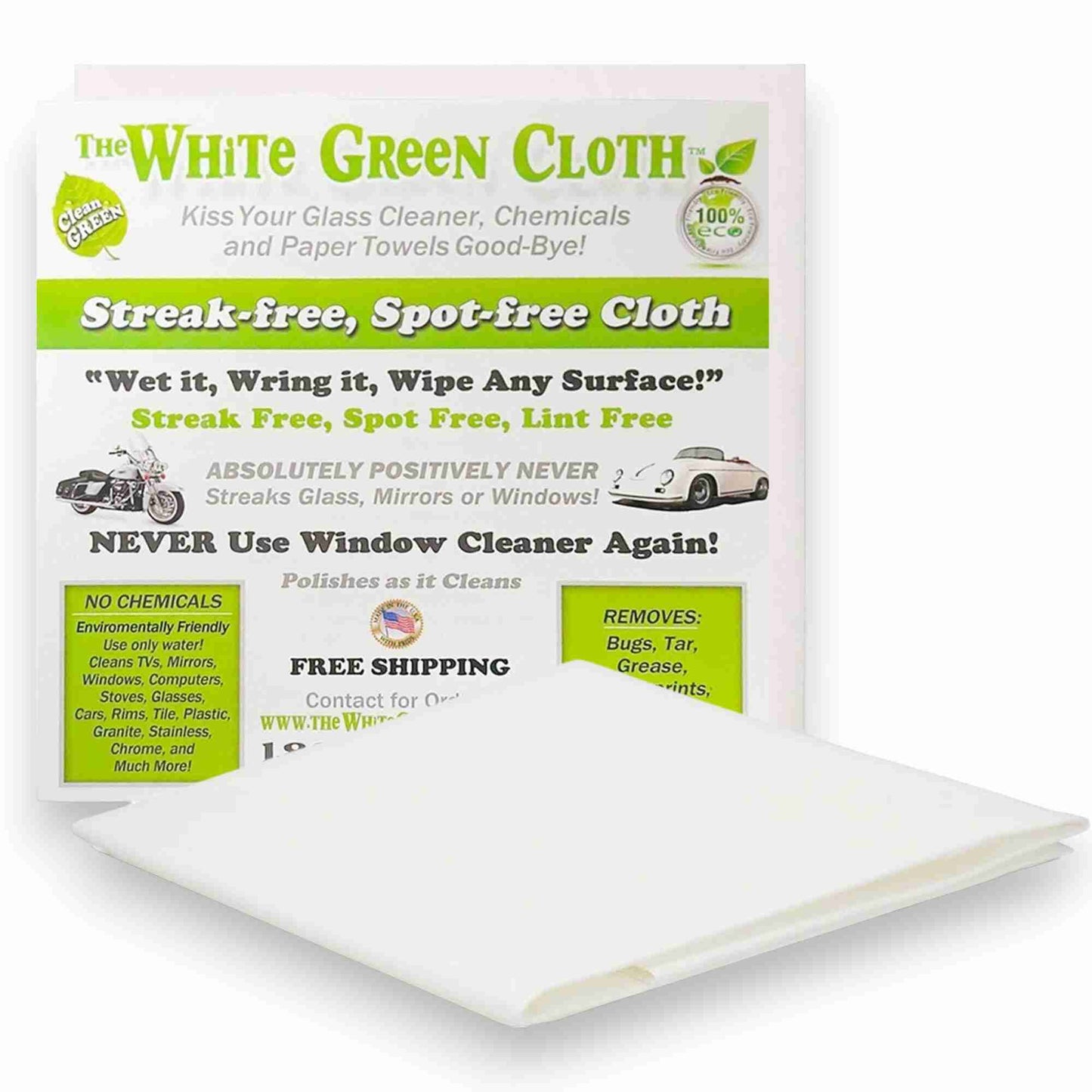 Streak Free Cleaning Cloth packaging, featuring a microfiber window cleaning cloth, claim for streak-free and spot-free surfaces.