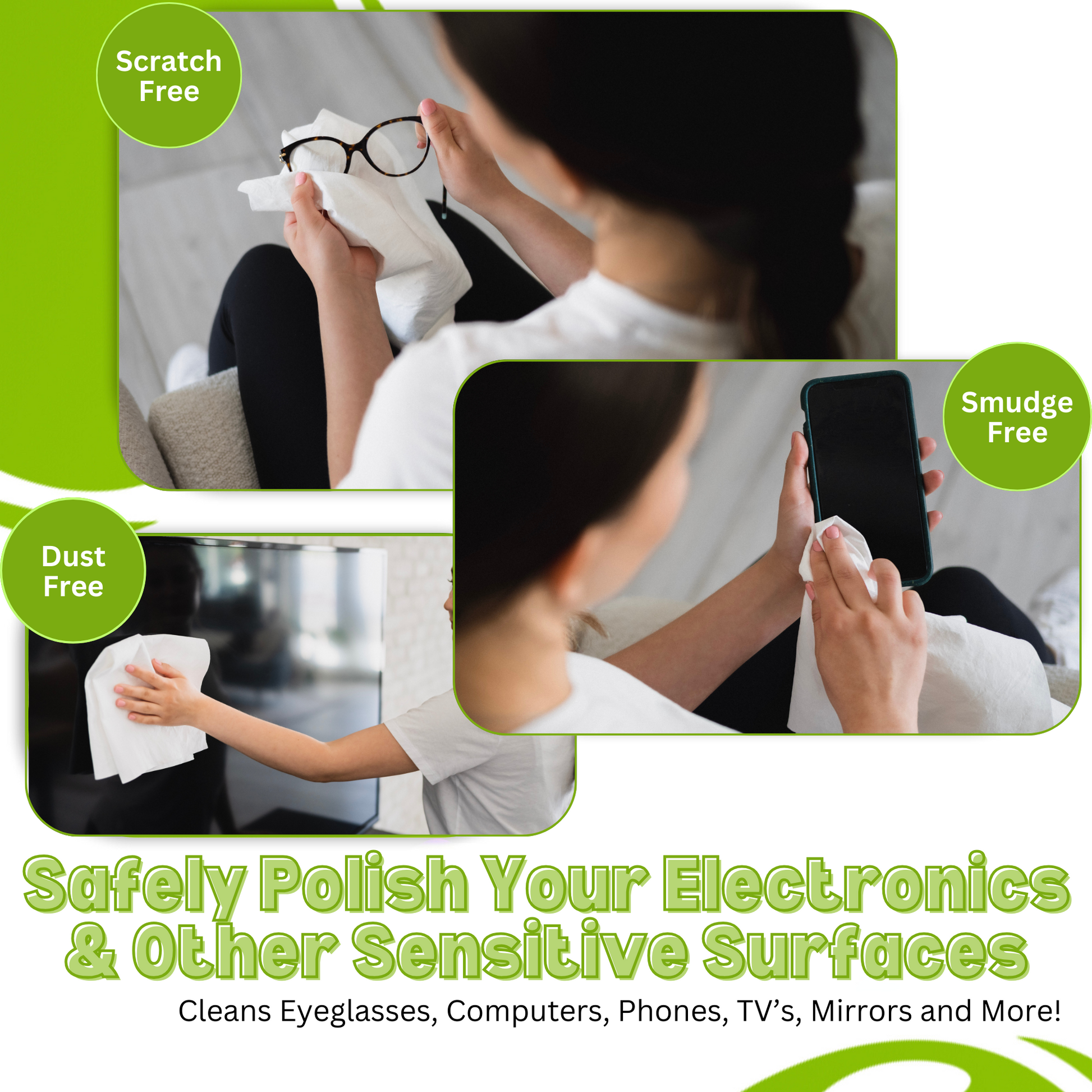 Reusable cleaning cloths for electronics, safely cleaning eyeglasses, TVs, phones, and mirrors without scratches or smudges.