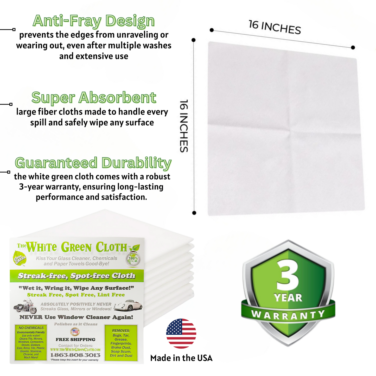 Streak Free Cleaning Cloths 10 Pack featuring durable, super absorbent eco-friendly design with anti-fray edges, made in the USA.